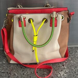 Colorblock Drawstring Tote - Red, Cream, Brown with Neon Accent